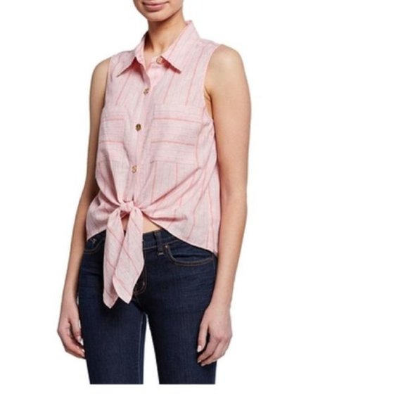 MICHAEL KORS Striped Tie-Front Linen Shirt, Medium - Picture 1 of 9